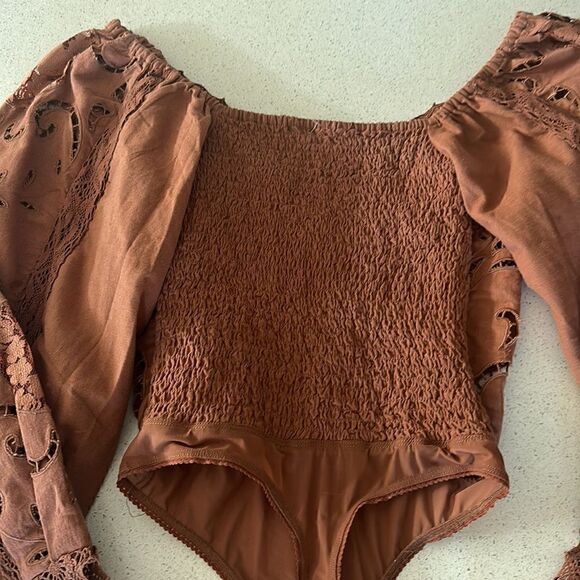 NWOT Free People Regina Bodysuit Top Thong Eyelet Balloon Sleeves Smocked Retro - Picture 12 of 15